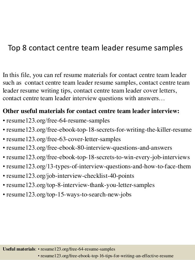 Top 8 Contact Centre Team Leader Resume Samples
