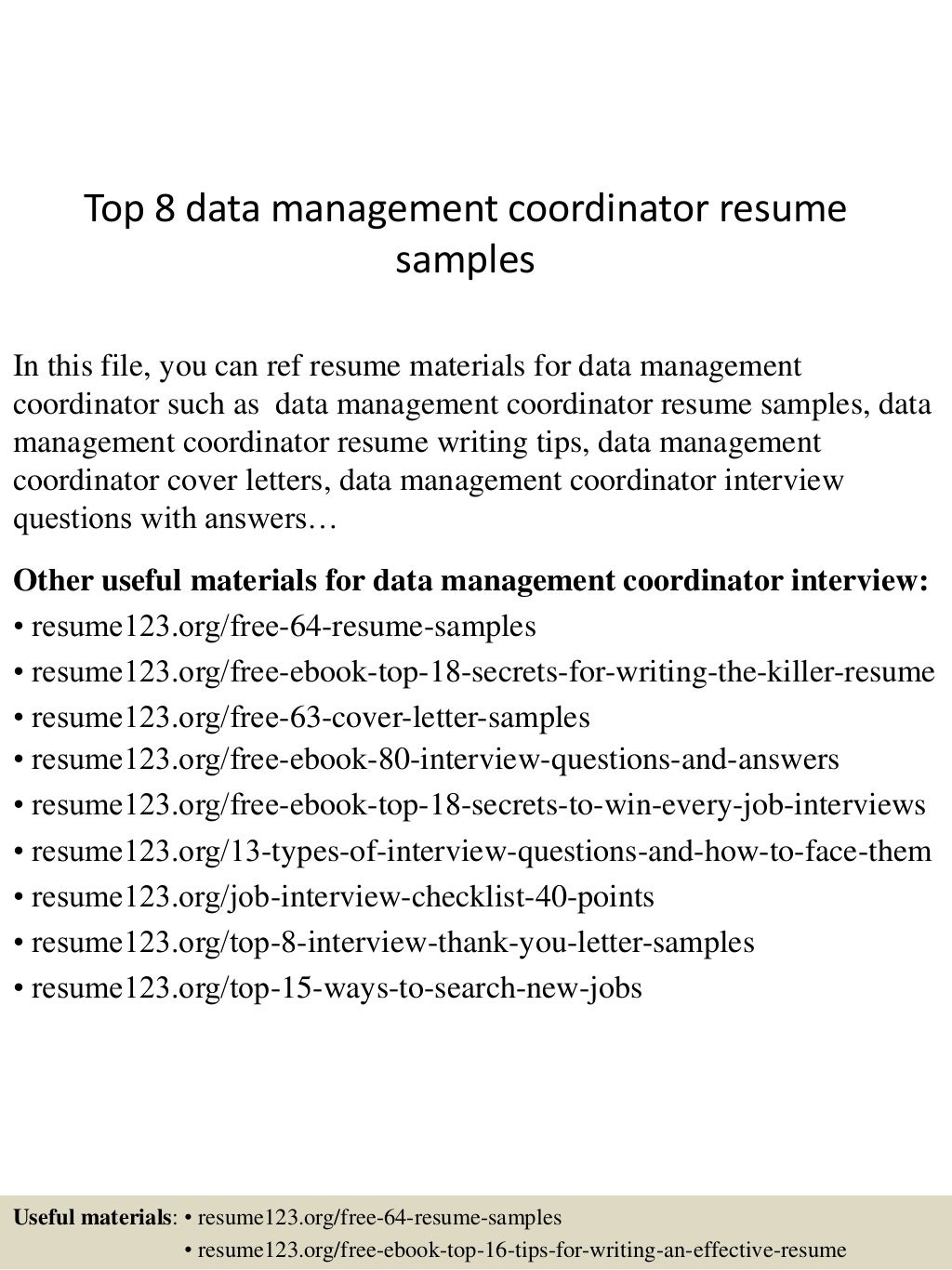 Top 8 Data Management Coordinator Resume Samples