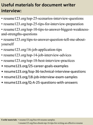Useful materials for document writer
interview:
• resume123.org/top-25-scenarios-interview-questions
• resume123.org/top-25-tips-for-interview-preparation
• resume123.org/top-10-tips-to-answer-biggest-weakness-
and-strengths-questions
• resume123.org/tips-to-answer-question-tell-me-about-
yourself
• resume123.org/16-job-application-tips
• resume123.org/top-14-job-interview-advices
• resume123.org/top-18-best-interview-practices
• resume123.org/25-career-goals-examples
• resume123.org/top-36-technical-interview-questions
• resume123.org/18-job-interview-exam-samples
• resume123.org/Q-A-25-questions-with-answers
Useful materials: • resume123.org/free-64-resume-samples
• resume123.org/free-ebook-top-16-tips-for-writing-an-effective-resume
 