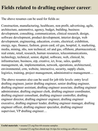 Fields related to drafting engineer career:
The above resumes can be used for fields as:
Construction, manufacturing, healthcare, non profit, advertising, agile,
architecture, automotive, agency, budget, building, business
development, consulting, communication, clinical research, design,
software development, product development, interior design, web
development, engineering, education, events, electrical, exhibition,
energy, ngo, finance, fashion, green card, oil gas, hospital, it, marketing,
media, mining, nhs, non technical, oil and gas, offshore, pharmaceutical,
real estate, retail, research, human resources, telecommunications,
technology, technical, senior, digital, software, web, clinical, hr,
infrastructure, business, erp, creative, ict, hvac, sales, quality
management, uk, implementation, network, operations, architectural,
environmental, crm, website, interactive, security, supply chain,
logistics, training, project management, administrative management…
The above resumes also can be used for job title levels: entry level
drafting engineer, junior drafting engineer, senior drafting engineer,
drafting engineer assistant, drafting engineer associate, drafting engineer
administrator, drafting engineer clerk, drafting engineer coordinator,
drafting engineer consultant, drafting engineer controller, drafting
engineer director, drafting engineer engineer, drafting engineer
executive, drafting engineer leader, drafting engineer manager, drafting
engineer officer, drafting engineer specialist, drafting engineer
supervisor, VP drafting engineer…
Useful materials: • resume123.org/free-64-resume-samples
• resume123.org/free-ebook-top-16-tips-for-writing-an-effective-resume
 