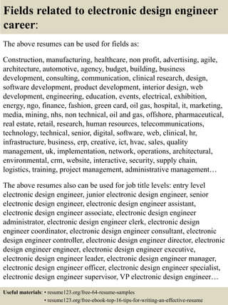 Fields related to electronic design engineer
career:
The above resumes can be used for fields as:
Construction, manufacturing, healthcare, non profit, advertising, agile,
architecture, automotive, agency, budget, building, business
development, consulting, communication, clinical research, design,
software development, product development, interior design, web
development, engineering, education, events, electrical, exhibition,
energy, ngo, finance, fashion, green card, oil gas, hospital, it, marketing,
media, mining, nhs, non technical, oil and gas, offshore, pharmaceutical,
real estate, retail, research, human resources, telecommunications,
technology, technical, senior, digital, software, web, clinical, hr,
infrastructure, business, erp, creative, ict, hvac, sales, quality
management, uk, implementation, network, operations, architectural,
environmental, crm, website, interactive, security, supply chain,
logistics, training, project management, administrative management…
The above resumes also can be used for job title levels: entry level
electronic design engineer, junior electronic design engineer, senior
electronic design engineer, electronic design engineer assistant,
electronic design engineer associate, electronic design engineer
administrator, electronic design engineer clerk, electronic design
engineer coordinator, electronic design engineer consultant, electronic
design engineer controller, electronic design engineer director, electronic
design engineer engineer, electronic design engineer executive,
electronic design engineer leader, electronic design engineer manager,
electronic design engineer officer, electronic design engineer specialist,
electronic design engineer supervisor, VP electronic design engineer…
Useful materials: • resume123.org/free-64-resume-samples
• resume123.org/free-ebook-top-16-tips-for-writing-an-effective-resume
 