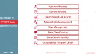 © 2021 Seclore, Inc. Company Proprietary Information www.seclore.com
FEATURES OF AN
EFFECTIVE EMAIL
SECURITY SOLUTION
Password Policies
Content Filtering
Reporting and Log Search
Administrator Management
User Management
Data Classification
Data-Centric Security
Unauthorized Recipient Check
 
