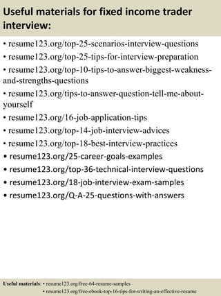 Useful materials for fixed income trader
interview:
• resume123.org/top-25-scenarios-interview-questions
• resume123.org/top-25-tips-for-interview-preparation
• resume123.org/top-10-tips-to-answer-biggest-weakness-
and-strengths-questions
• resume123.org/tips-to-answer-question-tell-me-about-
yourself
• resume123.org/16-job-application-tips
• resume123.org/top-14-job-interview-advices
• resume123.org/top-18-best-interview-practices
• resume123.org/25-career-goals-examples
• resume123.org/top-36-technical-interview-questions
• resume123.org/18-job-interview-exam-samples
• resume123.org/Q-A-25-questions-with-answers
Useful materials: • resume123.org/free-64-resume-samples
• resume123.org/free-ebook-top-16-tips-for-writing-an-effective-resume
 