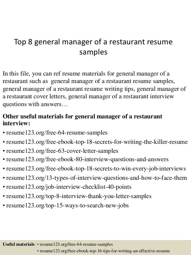 top 8 general manager of a restaurant resume samples general manager restaurant resumes