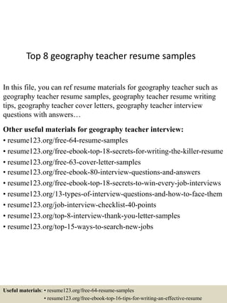 Geography Cv Example Top 8 geography teacher resume samples | PPTX