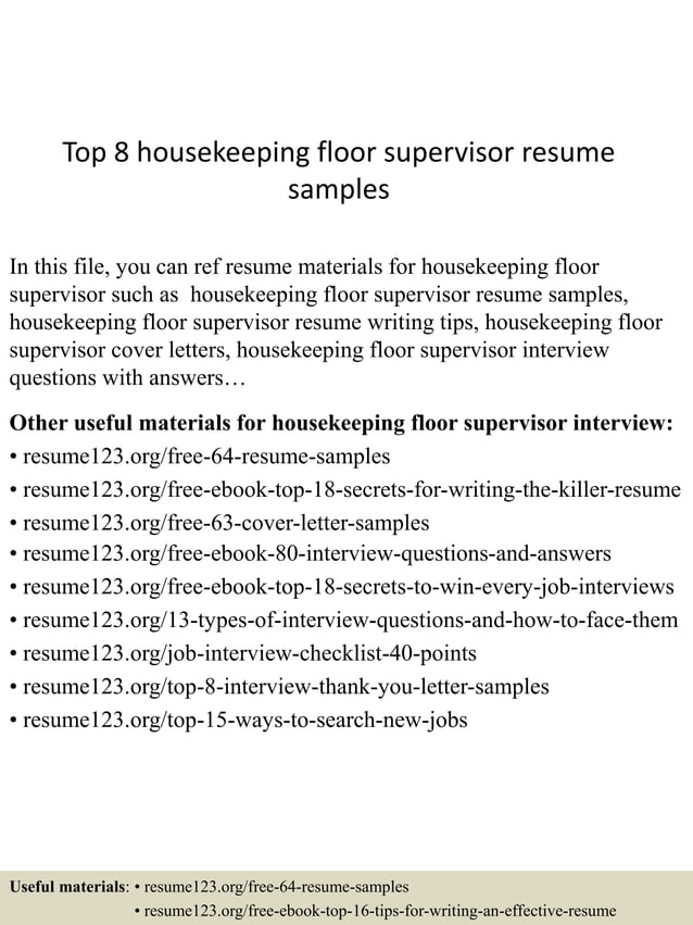 Top 8 housekeeping floor supervisor resume samples