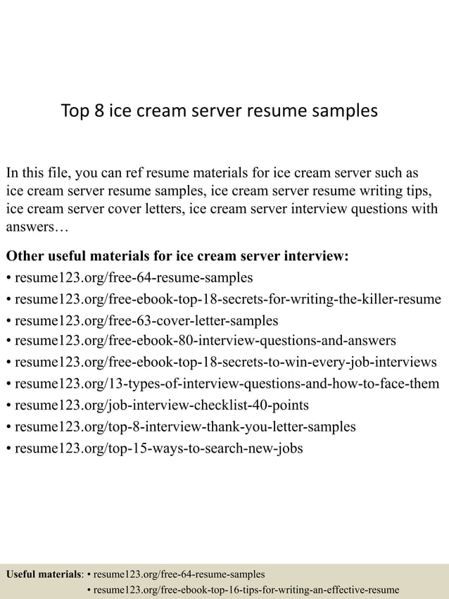 Top 8 ice cream server resume samples PDF