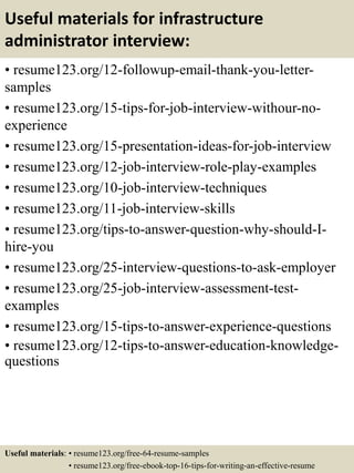 Useful materials for infrastructure
administrator interview:
• resume123.org/12-followup-email-thank-you-letter-
samples
• resume123.org/15-tips-for-job-interview-withour-no-
experience
• resume123.org/15-presentation-ideas-for-job-interview
• resume123.org/12-job-interview-role-play-examples
• resume123.org/10-job-interview-techniques
• resume123.org/11-job-interview-skills
• resume123.org/tips-to-answer-question-why-should-I-
hire-you
• resume123.org/25-interview-questions-to-ask-employer
• resume123.org/25-job-interview-assessment-test-
examples
• resume123.org/15-tips-to-answer-experience-questions
• resume123.org/12-tips-to-answer-education-knowledge-
questions
Useful materials: • resume123.org/free-64-resume-samples
• resume123.org/free-ebook-top-16-tips-for-writing-an-effective-resume
 