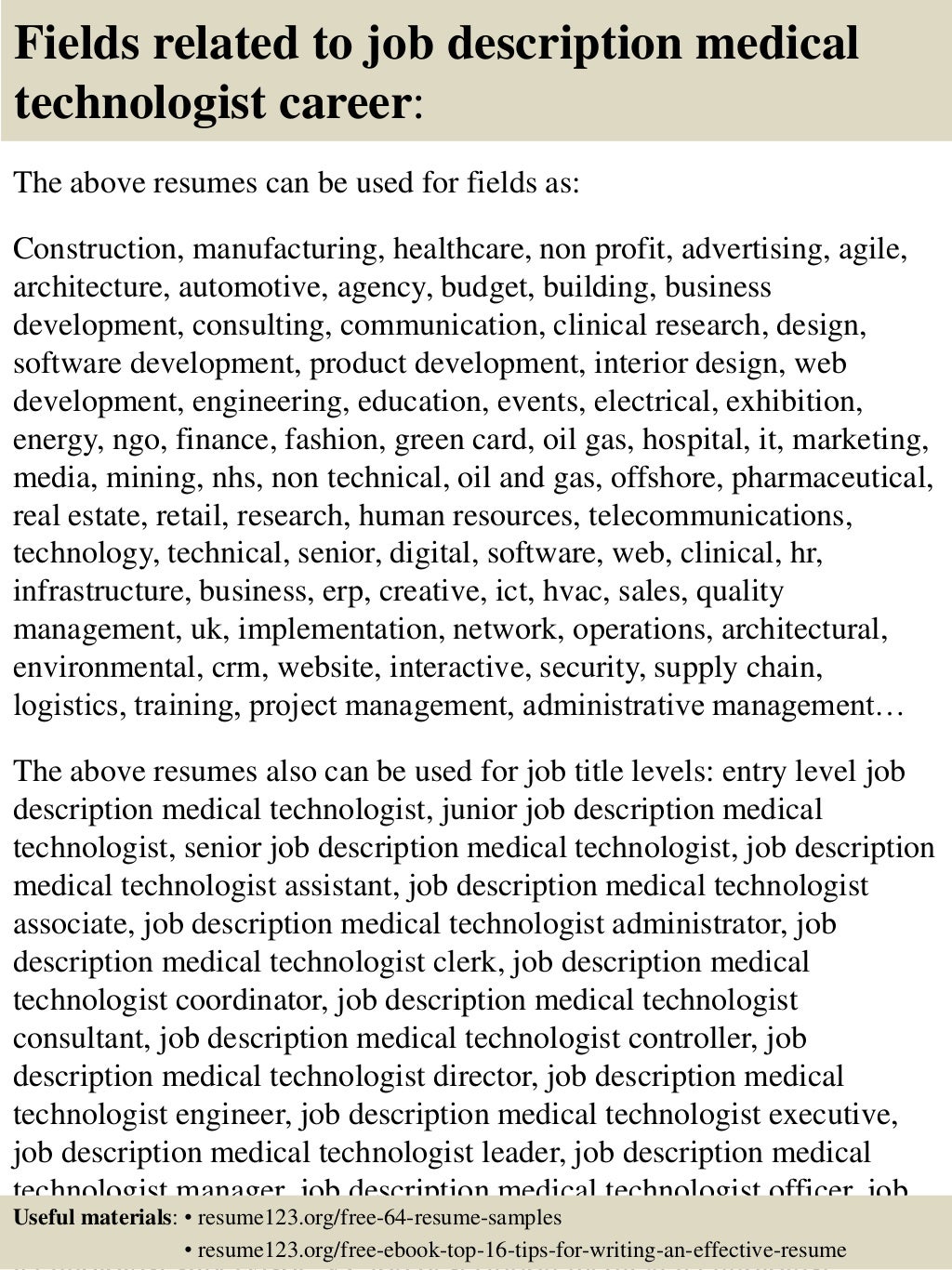 Top 8 job description medical technologist resume samples