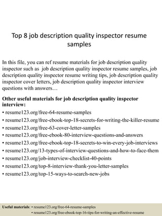 Top 8 job description quality inspector resume samples | PDF