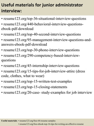 Useful materials for junior administrator
interview:
• resume123.org/top-36-situational-interview-questions
• resume123.org/440-behavioral-interview-questions-
ebook-pdf-download
• resume123.org/top-40-second-interview-questions
• resume123.org/95-management-interview-questions-and-
answers-ebook-pdf-download
• resume123.org/top-30-phone-interview-questions
• resume123.org/290-competency-based-interview-
questions
• resume123.org/45-internship-interview-questions
• resume123.org/15-tips-for-job-interview-attire (dress
code, clothes, what to wear)
• resume123.org/top-15-written-test-examples
• resume123.org/top-15-closing-statements
• resume123.org/20-case- study-examples for job interview
Useful materials: • resume123.org/free-64-resume-samples
• resume123.org/free-ebook-top-16-tips-for-writing-an-effective-resume
 