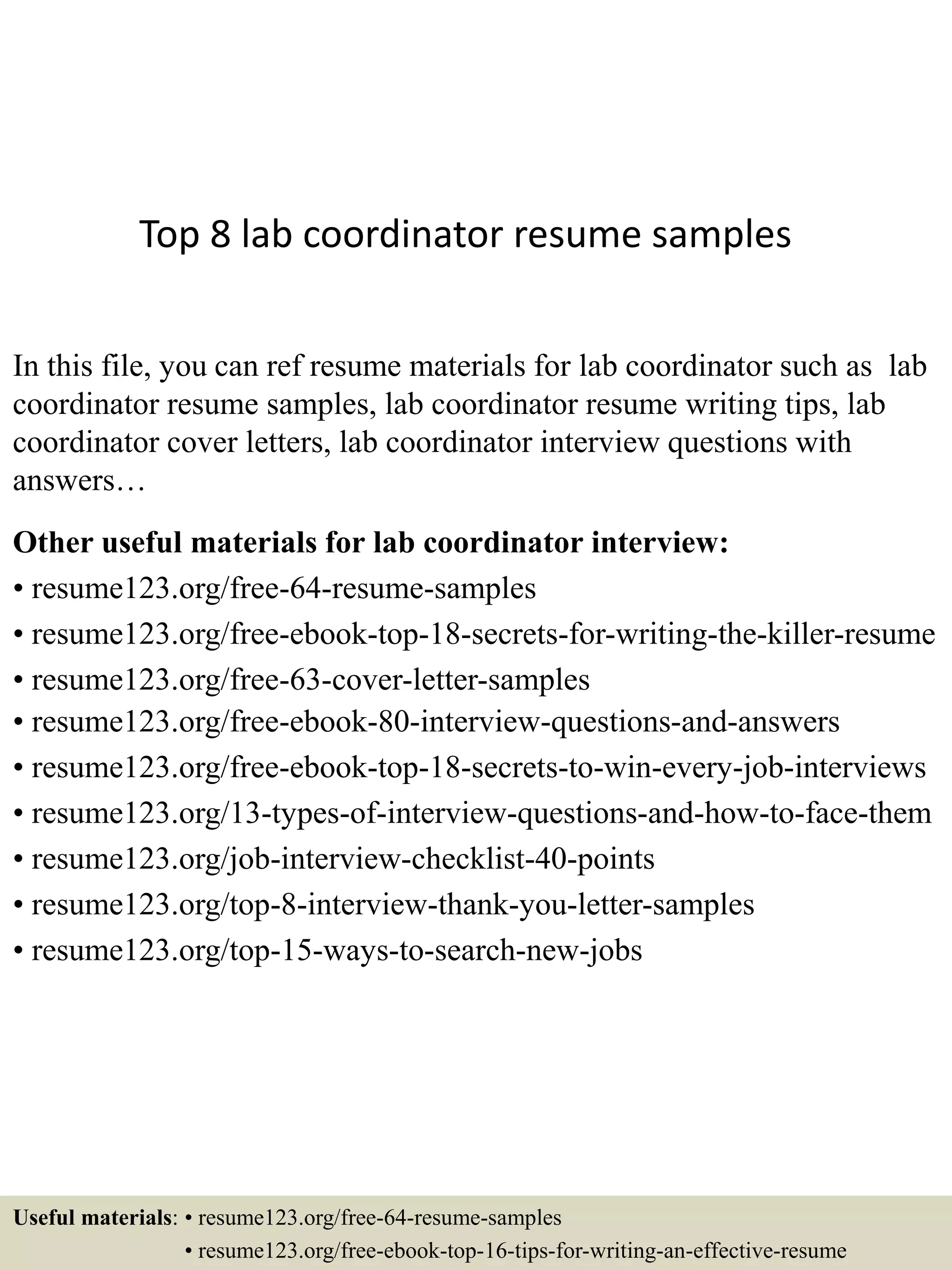 Top 8 lab coordinator resume samples PDF