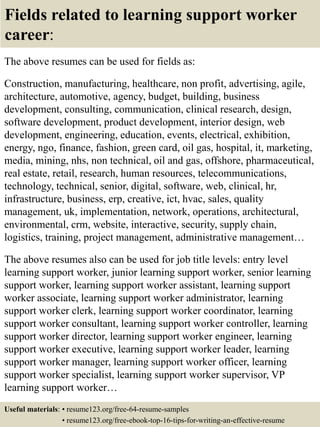 Fields related to learning support worker
career:
The above resumes can be used for fields as:
Construction, manufacturing, healthcare, non profit, advertising, agile,
architecture, automotive, agency, budget, building, business
development, consulting, communication, clinical research, design,
software development, product development, interior design, web
development, engineering, education, events, electrical, exhibition,
energy, ngo, finance, fashion, green card, oil gas, hospital, it, marketing,
media, mining, nhs, non technical, oil and gas, offshore, pharmaceutical,
real estate, retail, research, human resources, telecommunications,
technology, technical, senior, digital, software, web, clinical, hr,
infrastructure, business, erp, creative, ict, hvac, sales, quality
management, uk, implementation, network, operations, architectural,
environmental, crm, website, interactive, security, supply chain,
logistics, training, project management, administrative management…
The above resumes also can be used for job title levels: entry level
learning support worker, junior learning support worker, senior learning
support worker, learning support worker assistant, learning support
worker associate, learning support worker administrator, learning
support worker clerk, learning support worker coordinator, learning
support worker consultant, learning support worker controller, learning
support worker director, learning support worker engineer, learning
support worker executive, learning support worker leader, learning
support worker manager, learning support worker officer, learning
support worker specialist, learning support worker supervisor, VP
learning support worker…
Useful materials: • resume123.org/free-64-resume-samples
• resume123.org/free-ebook-top-16-tips-for-writing-an-effective-resume
 