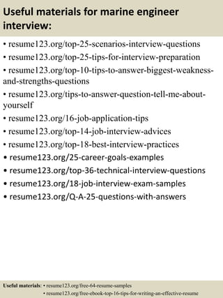 Useful materials for marine engineer
interview:
• resume123.org/top-25-scenarios-interview-questions
• resume123.org/top-25-tips-for-interview-preparation
• resume123.org/top-10-tips-to-answer-biggest-weakness-
and-strengths-questions
• resume123.org/tips-to-answer-question-tell-me-about-
yourself
• resume123.org/16-job-application-tips
• resume123.org/top-14-job-interview-advices
• resume123.org/top-18-best-interview-practices
• resume123.org/25-career-goals-examples
• resume123.org/top-36-technical-interview-questions
• resume123.org/18-job-interview-exam-samples
• resume123.org/Q-A-25-questions-with-answers
Useful materials: • resume123.org/free-64-resume-samples
• resume123.org/free-ebook-top-16-tips-for-writing-an-effective-resume
 
