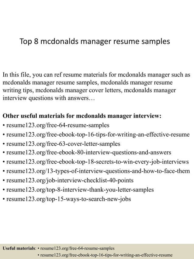 Top 8 mcdonalds manager resume samples PDF