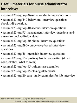 Useful materials for nurse administrator
interview:
• resume123.org/top-36-situational-interview-questions
• resume123.org/440-behavioral-interview-questions-
ebook-pdf-download
• resume123.org/top-40-second-interview-questions
• resume123.org/95-management-interview-questions-and-
answers-ebook-pdf-download
• resume123.org/top-30-phone-interview-questions
• resume123.org/290-competency-based-interview-
questions
• resume123.org/45-internship-interview-questions
• resume123.org/15-tips-for-job-interview-attire (dress
code, clothes, what to wear)
• resume123.org/top-15-written-test-examples
• resume123.org/top-15-closing-statements
• resume123.org/20-case- study-examples for job interview
Useful materials: • resume123.org/free-64-resume-samples
• resume123.org/free-ebook-top-16-tips-for-writing-an-effective-resume
 