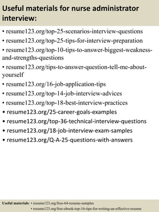 Useful materials for nurse administrator
interview:
• resume123.org/top-25-scenarios-interview-questions
• resume123.org/top-25-tips-for-interview-preparation
• resume123.org/top-10-tips-to-answer-biggest-weakness-
and-strengths-questions
• resume123.org/tips-to-answer-question-tell-me-about-
yourself
• resume123.org/16-job-application-tips
• resume123.org/top-14-job-interview-advices
• resume123.org/top-18-best-interview-practices
• resume123.org/25-career-goals-examples
• resume123.org/top-36-technical-interview-questions
• resume123.org/18-job-interview-exam-samples
• resume123.org/Q-A-25-questions-with-answers
Useful materials: • resume123.org/free-64-resume-samples
• resume123.org/free-ebook-top-16-tips-for-writing-an-effective-resume
 