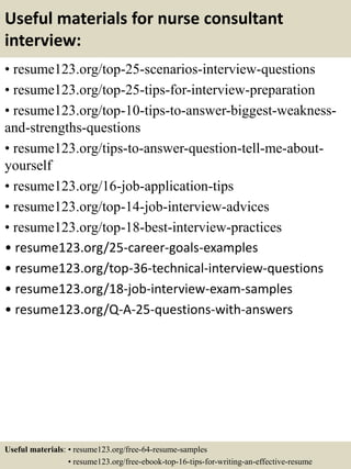 Useful materials for nurse consultant
interview:
• resume123.org/top-25-scenarios-interview-questions
• resume123.org/top-25-tips-for-interview-preparation
• resume123.org/top-10-tips-to-answer-biggest-weakness-
and-strengths-questions
• resume123.org/tips-to-answer-question-tell-me-about-
yourself
• resume123.org/16-job-application-tips
• resume123.org/top-14-job-interview-advices
• resume123.org/top-18-best-interview-practices
• resume123.org/25-career-goals-examples
• resume123.org/top-36-technical-interview-questions
• resume123.org/18-job-interview-exam-samples
• resume123.org/Q-A-25-questions-with-answers
Useful materials: • resume123.org/free-64-resume-samples
• resume123.org/free-ebook-top-16-tips-for-writing-an-effective-resume
 