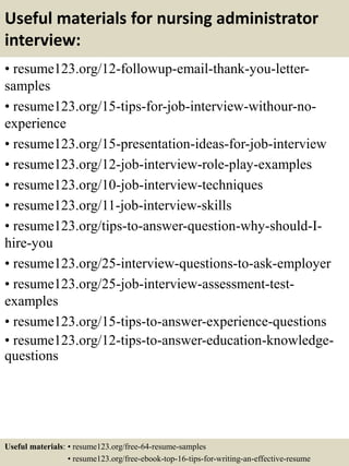 Useful materials for nursing administrator
interview:
• resume123.org/12-followup-email-thank-you-letter-
samples
• resume123.org/15-tips-for-job-interview-withour-no-
experience
• resume123.org/15-presentation-ideas-for-job-interview
• resume123.org/12-job-interview-role-play-examples
• resume123.org/10-job-interview-techniques
• resume123.org/11-job-interview-skills
• resume123.org/tips-to-answer-question-why-should-I-
hire-you
• resume123.org/25-interview-questions-to-ask-employer
• resume123.org/25-job-interview-assessment-test-
examples
• resume123.org/15-tips-to-answer-experience-questions
• resume123.org/12-tips-to-answer-education-knowledge-
questions
Useful materials: • resume123.org/free-64-resume-samples
• resume123.org/free-ebook-top-16-tips-for-writing-an-effective-resume
 