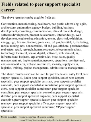 Fields related to peer support specialist
career:
The above resumes can be used for fields as:
Construction, manufacturing, healthcare, non profit, advertising, agile,
architecture, automotive, agency, budget, building, business
development, consulting, communication, clinical research, design,
software development, product development, interior design, web
development, engineering, education, events, electrical, exhibition,
energy, ngo, finance, fashion, green card, oil gas, hospital, it, marketing,
media, mining, nhs, non technical, oil and gas, offshore, pharmaceutical,
real estate, retail, research, human resources, telecommunications,
technology, technical, senior, digital, software, web, clinical, hr,
infrastructure, business, erp, creative, ict, hvac, sales, quality
management, uk, implementation, network, operations, architectural,
environmental, crm, website, interactive, security, supply chain,
logistics, training, project management, administrative management…
The above resumes also can be used for job title levels: entry level peer
support specialist, junior peer support specialist, senior peer support
specialist, peer support specialist assistant, peer support specialist
associate, peer support specialist administrator, peer support specialist
clerk, peer support specialist coordinator, peer support specialist
consultant, peer support specialist controller, peer support specialist
director, peer support specialist engineer, peer support specialist
executive, peer support specialist leader, peer support specialist
manager, peer support specialist officer, peer support specialist
specialist, peer support specialist supervisor, VP peer support
specialist…
Useful materials: • resume123.org/free-64-resume-samples
• resume123.org/free-ebook-top-16-tips-for-writing-an-effective-resume
 