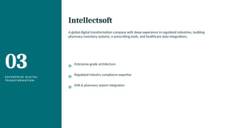 03
E N T E R P R I S E D I G I TA L
T R A N S F O R M AT I O N
Intellectsoft
A global digital transformation company with deep experience in regulated industries, building
pharmacy inventory systems, e-prescribing tools, and healthcare data integrations.
Enterprise-grade architecture
Regulated-industry compliance expertise
EHR & pharmacy system integration
 