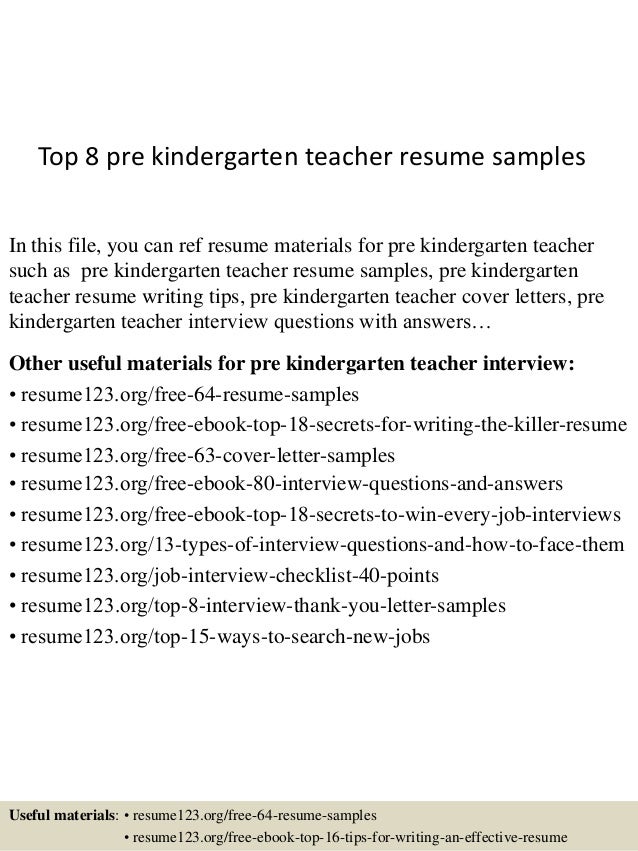 Top 8 Pre Kindergarten Teacher Resume Samples