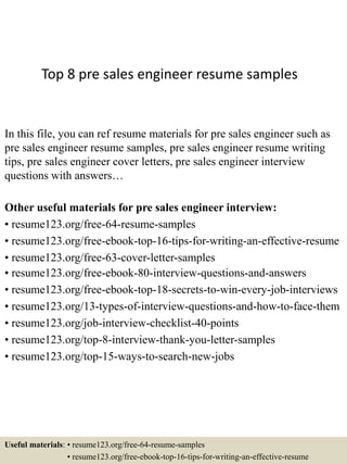 Top 8 Pre Sales Engineer Resume Samples