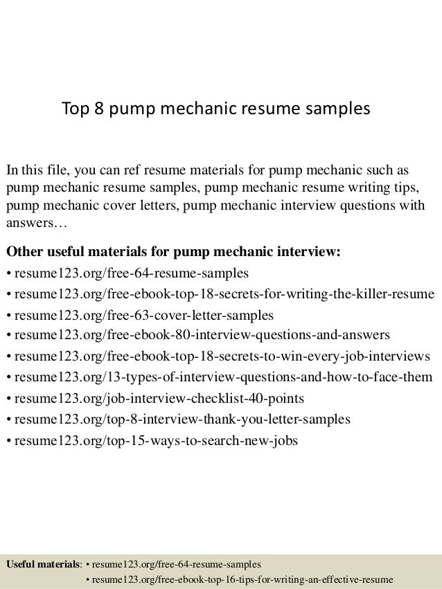 top 8 pump mechanic resume samples sample mechanic resume