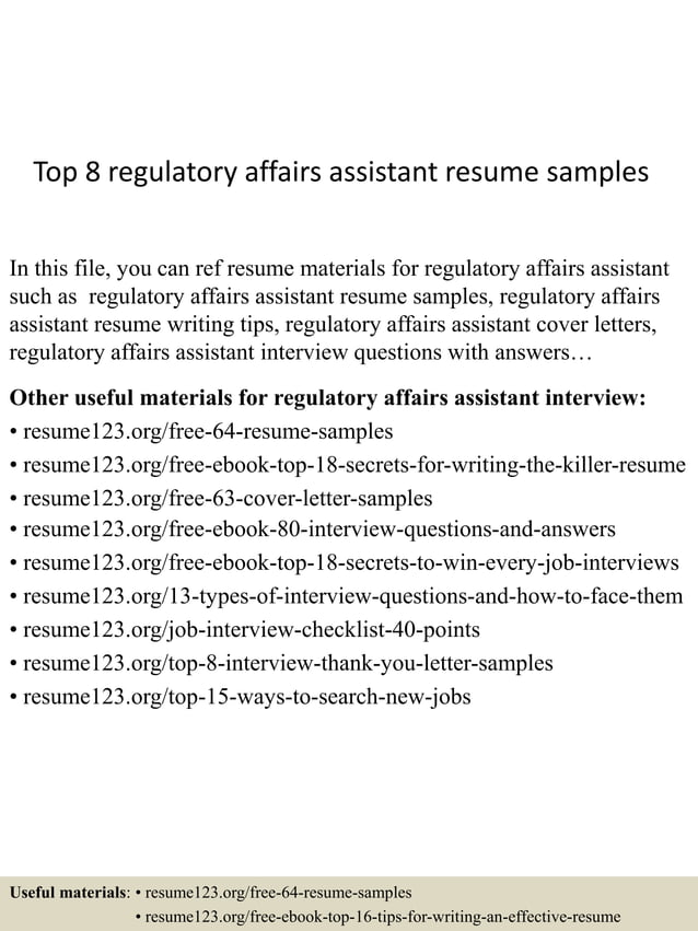 Top 8 regulatory affairs assistant resume samples PDF