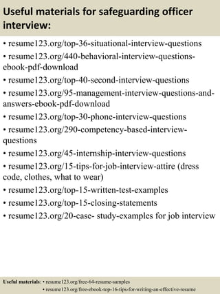 Useful materials for safeguarding officer
interview:
• resume123.org/top-36-situational-interview-questions
• resume123.org/440-behavioral-interview-questions-
ebook-pdf-download
• resume123.org/top-40-second-interview-questions
• resume123.org/95-management-interview-questions-and-
answers-ebook-pdf-download
• resume123.org/top-30-phone-interview-questions
• resume123.org/290-competency-based-interview-
questions
• resume123.org/45-internship-interview-questions
• resume123.org/15-tips-for-job-interview-attire (dress
code, clothes, what to wear)
• resume123.org/top-15-written-test-examples
• resume123.org/top-15-closing-statements
• resume123.org/20-case- study-examples for job interview
Useful materials: • resume123.org/free-64-resume-samples
• resume123.org/free-ebook-top-16-tips-for-writing-an-effective-resume
 