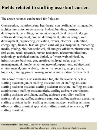 Fields related to staffing assistant career:
The above resumes can be used for fields as:
Construction, manufacturing, healthcare, non profit, advertising, agile,
architecture, automotive, agency, budget, building, business
development, consulting, communication, clinical research, design,
software development, product development, interior design, web
development, engineering, education, events, electrical, exhibition,
energy, ngo, finance, fashion, green card, oil gas, hospital, it, marketing,
media, mining, nhs, non technical, oil and gas, offshore, pharmaceutical,
real estate, retail, research, human resources, telecommunications,
technology, technical, senior, digital, software, web, clinical, hr,
infrastructure, business, erp, creative, ict, hvac, sales, quality
management, uk, implementation, network, operations, architectural,
environmental, crm, website, interactive, security, supply chain,
logistics, training, project management, administrative management…
The above resumes also can be used for job title levels: entry level
staffing assistant, junior staffing assistant, senior staffing assistant,
staffing assistant assistant, staffing assistant associate, staffing assistant
administrator, staffing assistant clerk, staffing assistant coordinator,
staffing assistant consultant, staffing assistant controller, staffing
assistant director, staffing assistant engineer, staffing assistant executive,
staffing assistant leader, staffing assistant manager, staffing assistant
officer, staffing assistant specialist, staffing assistant supervisor, VP
staffing assistant…
Useful materials: • resume123.org/free-64-resume-samples
• resume123.org/free-ebook-top-16-tips-for-writing-an-effective-resume
 