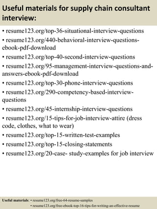 Useful materials for supply chain consultant
interview:
• resume123.org/top-36-situational-interview-questions
• resume123.org/440-behavioral-interview-questions-
ebook-pdf-download
• resume123.org/top-40-second-interview-questions
• resume123.org/95-management-interview-questions-and-
answers-ebook-pdf-download
• resume123.org/top-30-phone-interview-questions
• resume123.org/290-competency-based-interview-
questions
• resume123.org/45-internship-interview-questions
• resume123.org/15-tips-for-job-interview-attire (dress
code, clothes, what to wear)
• resume123.org/top-15-written-test-examples
• resume123.org/top-15-closing-statements
• resume123.org/20-case- study-examples for job interview
Useful materials: • resume123.org/free-64-resume-samples
• resume123.org/free-ebook-top-16-tips-for-writing-an-effective-resume
 