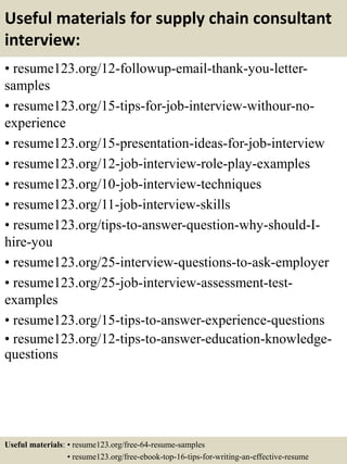 Useful materials for supply chain consultant
interview:
• resume123.org/12-followup-email-thank-you-letter-
samples
• resume123.org/15-tips-for-job-interview-withour-no-
experience
• resume123.org/15-presentation-ideas-for-job-interview
• resume123.org/12-job-interview-role-play-examples
• resume123.org/10-job-interview-techniques
• resume123.org/11-job-interview-skills
• resume123.org/tips-to-answer-question-why-should-I-
hire-you
• resume123.org/25-interview-questions-to-ask-employer
• resume123.org/25-job-interview-assessment-test-
examples
• resume123.org/15-tips-to-answer-experience-questions
• resume123.org/12-tips-to-answer-education-knowledge-
questions
Useful materials: • resume123.org/free-64-resume-samples
• resume123.org/free-ebook-top-16-tips-for-writing-an-effective-resume
 