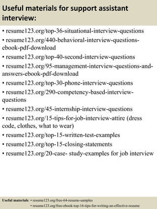 Useful materials for support assistant
interview:
• resume123.org/top-36-situational-interview-questions
• resume123.org/440-behavioral-interview-questions-
ebook-pdf-download
• resume123.org/top-40-second-interview-questions
• resume123.org/95-management-interview-questions-and-
answers-ebook-pdf-download
• resume123.org/top-30-phone-interview-questions
• resume123.org/290-competency-based-interview-
questions
• resume123.org/45-internship-interview-questions
• resume123.org/15-tips-for-job-interview-attire (dress
code, clothes, what to wear)
• resume123.org/top-15-written-test-examples
• resume123.org/top-15-closing-statements
• resume123.org/20-case- study-examples for job interview
Useful materials: • resume123.org/free-64-resume-samples
• resume123.org/free-ebook-top-16-tips-for-writing-an-effective-resume
 