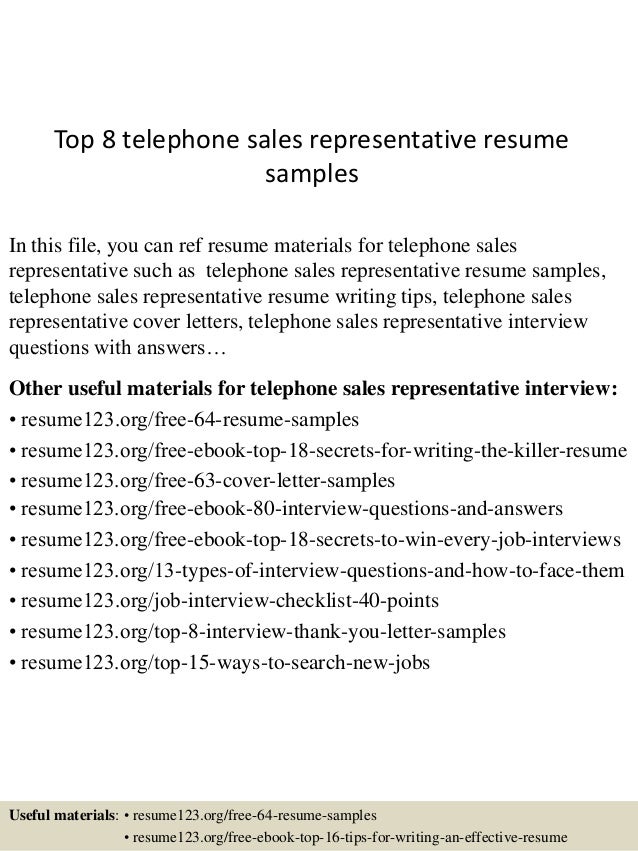 Top 8 Telephone Sales Representative Resume Samples