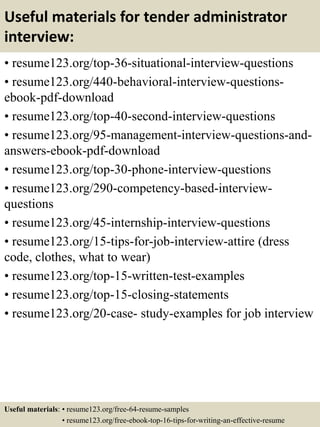 Useful materials for tender administrator
interview:
• resume123.org/top-36-situational-interview-questions
• resume123.org/440-behavioral-interview-questions-
ebook-pdf-download
• resume123.org/top-40-second-interview-questions
• resume123.org/95-management-interview-questions-and-
answers-ebook-pdf-download
• resume123.org/top-30-phone-interview-questions
• resume123.org/290-competency-based-interview-
questions
• resume123.org/45-internship-interview-questions
• resume123.org/15-tips-for-job-interview-attire (dress
code, clothes, what to wear)
• resume123.org/top-15-written-test-examples
• resume123.org/top-15-closing-statements
• resume123.org/20-case- study-examples for job interview
Useful materials: • resume123.org/free-64-resume-samples
• resume123.org/free-ebook-top-16-tips-for-writing-an-effective-resume
 