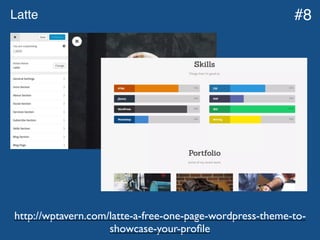 Latte
http://wptavern.com/latte-a-free-one-page-wordpress-theme-to-
showcase-your-proﬁle
#8
 