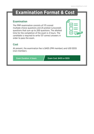Examination Format & Cost
The PMP examination consists of 175 scored
multiple-choice questions and 25 pretest (unscored)
questions that sum up to 200 questions. The allotted
time for the completion of the exam is 4 hours. The
candidate is required to write 137 correct answers in
order to pass the exam.
Examination
At present, the examination fee is $405 (PMI member) and USD $555
(non-member).
Cost
www.simplilearn.com
Exam Duration: 4 hours Exam Cost: $405 or $555
 