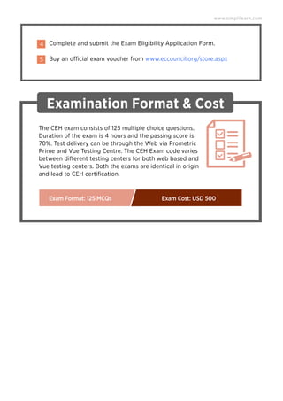 www.simplilearn.com
4 Complete and submit the Exam Eligibility Application Form.
5 Buy an official exam voucher from www.eccouncil.org/store.aspx
Examination Format & Cost
The CEH exam consists of 125 multiple choice questions.
Duration of the exam is 4 hours and the passing score is
70%. Test delivery can be through the Web via Prometric
Prime and Vue Testing Centre. The CEH Exam code varies
between different testing centers for both web based and
Vue testing centers. Both the exams are identical in origin
and lead to CEH certiﬁcation.
Exam Format: 125 MCQs Exam Cost: USD 500
 
