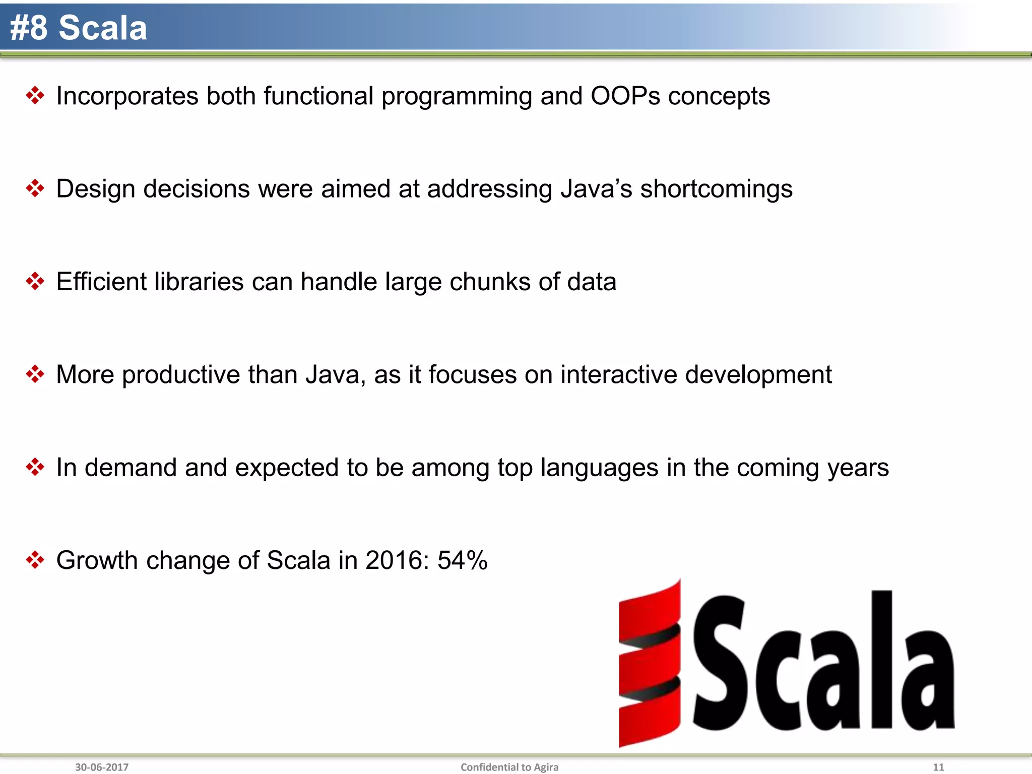 30-06-2017 Confidential to Agira 11
#8 Scala
 Incorporates both functional programming and OOPs concepts
 Design decisions were aimed at addressing Java’s shortcomings
 Efficient libraries can handle large chunks of data
 More productive than Java, as it focuses on interactive development
 In demand and expected to be among top languages in the coming years
 Growth change of Scala in 2016: 54%
 