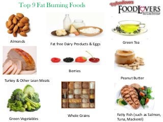 Top 9 Fat Burning Foods

Almonds

Fat free Dairy Products & Eggs

Green Tea

Berries
Peanut Butter

Turkey & Other Lean Meats

Green Vegetables

Whole Grains

Fatty Fish (such as Salmon,
Tuna, Mackerel)

 
