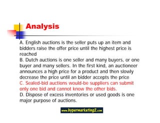 Analysis

A. English auctions is the seller puts up an item and
bidders raise the offer price until the highest price is
reached
B. Dutch auctions is one seller and many buyers, or one
buyer and many sellers. In the first kind, an auctioneer
announces a high price for a product and then slowly
decrease the price until an bidder accepts the price
C. Sealed-bid auctions would-be suppliers can submit
only one bid and cannot know the other bids.
D. Dispose of excess inventories or used goods is one
major purpose of auctions.
 
