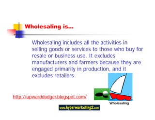 Wholesaling is…

        Wholesaling includes all the activities in
        selling goods or services to those who buy for
        resale or business use. It excludes
        manufacturers and farmers because they are
        engaged primarily in production, and it
        excludes retailers.


http://upwarddodger.blogspot.com/
                                        Wholesaling
 