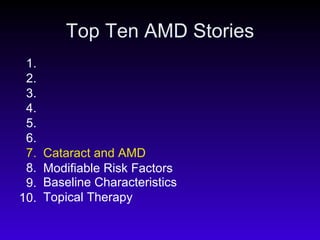 Top Ten AMD Stories Topical Therapy Baseline Characteristics Modifiable Risk Factors Cataract and AMD 1. 2. 3. 4. 5. 6. 7. 8. 9. 10. 