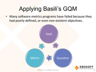 Applying Basili’s GQM
•  Many	
  so'ware	
  metrics	
  programs	
  have	
  failed	
  because	
  they	
  
had	
  poorly	
  deﬁned,	
  or	
  even	
  non-­‐existent	
  objecDves.	
  	
  
Goal	
  
QuesDon	
  Metric	
  
XBOSo',	
  Inc.	
  All	
  Rights	
  Reserved.	
   14	
  
 