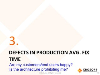 DEFECTS	
  IN	
  PRODUCTION	
  AVG.	
  FIX	
  
TIME	
  
3.	
  
XBOSo',	
  Inc.	
  All	
  Rights	
  Reserved.	
   55	
  
Are my customers/end users happy?
Is the architecture prohibiting me?
 