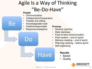 Be	
  
Do	
  
Have	
  
XBOSo',	
  Inc.	
  All	
  Rights	
  Reserved.	
   66	
  
Process
•  Iterative (sprints)
•  Daily standups
•  Face to face communication
•  Post mortem – end of sprint
•  Delivery meeting – end of sprint
•  Planning meeting – before sprint
•  Self organizing
People
•  Communicative
•  Collaborative/Cooperative
•  Flexible and willing
•  Knowledgeable-multi
•  Initiative/responsible
•  Responsive/adaptive
Results
•  Speed
•  Quality
Agile	
  Is	
  a	
  Way	
  of	
  Thinking	
  
“Be-­‐Do-­‐Have”	
  
 
