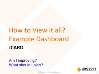 JCARD	
  
How	
  to	
  View	
  it	
  all?	
  
Example	
  Dashboard	
  
XBOSo',	
  Inc.	
  All	
  Rights	
  Reserved.	
   67	
  
Am I improving?
What should I plan?
 