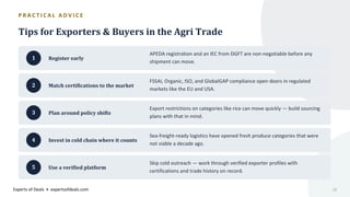 P R A C T I C A L A D V I C E
Tips for Exporters & Buyers in the Agri Trade
1 Register early
APEDA registration and an IEC from DGFT are non-negotiable before any
shipment can move.
2 Match certifications to the market
FSSAI, Organic, ISO, and GlobalGAP compliance open doors in regulated
markets like the EU and USA.
3 Plan around policy shifts
Export restrictions on categories like rice can move quickly — build sourcing
plans with that in mind.
4 Invest in cold chain where it counts
Sea-freight-ready logistics have opened fresh produce categories that were
not viable a decade ago.
5 Use a verified platform
Skip cold outreach — work through verified exporter profiles with
certifications and trade history on record.
Experts of Deals • expertsofdeals.com 12
 