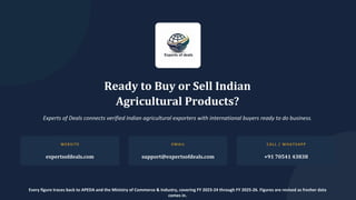 Ready to Buy or Sell Indian
Agricultural Products?
Experts of Deals connects verified Indian agricultural exporters with international buyers ready to do business.
WEBSITE
expertsofdeals.com
EMAIL
support@expertsofdeals.com
CALL / WHATSAPP
+91 70541 43838
Every figure traces back to APEDA and the Ministry of Commerce & Industry, covering FY 2023-24 through FY 2025-26. Figures are revised as fresher data
comes in.
 